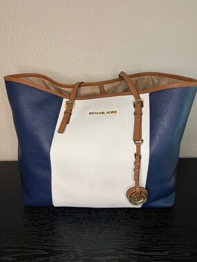 Michael Kors Blue, White & Tan Leather Tote with Gold Logo Charm